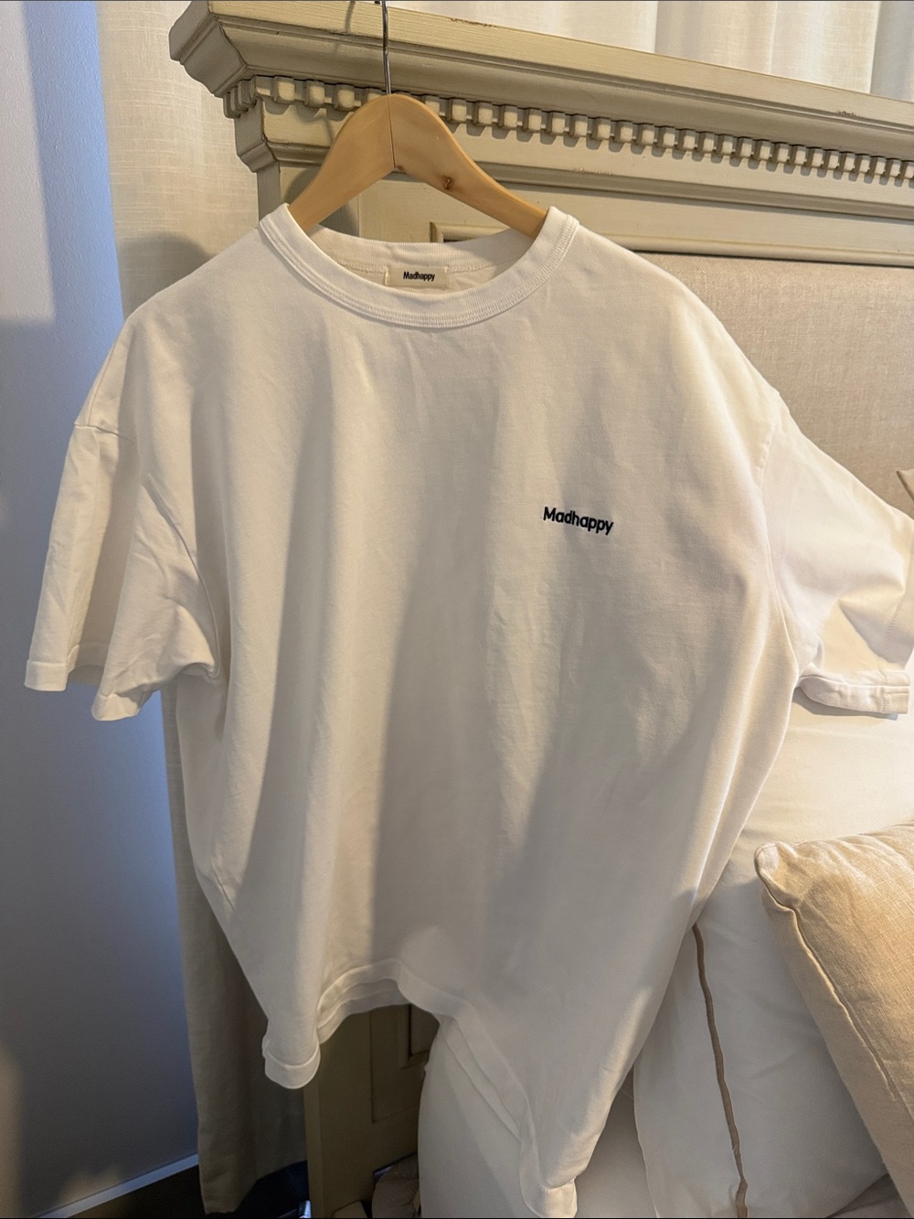 Madhappy White Tee with Small Navy Logo